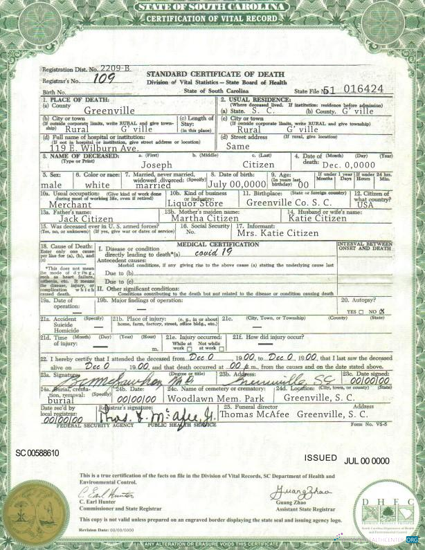 Download USA South Carolina state death certificate template in PSD format Photoshop template